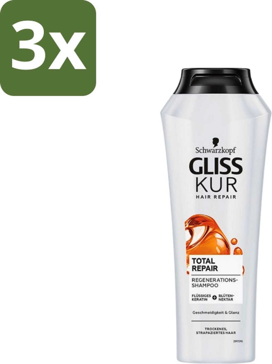 3 x Gliss Kur - Shampoo - Vrouwen - Hydraterende Verzorging - 250 ml - Hydraatende Shampoo - Gespleten Haarpunten - Keratine - Haarverzorging - Haarherstel