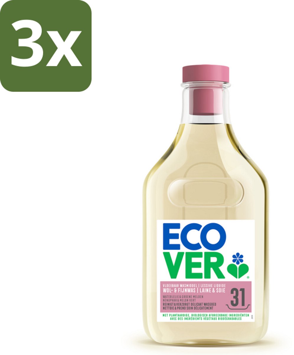 3 x Ecover Vloeibaar Wasmiddel Wol & Fijn Was - Waterlelie & Groene Meloen 31 Wasbeurten 1,43 liter - Wasmiddel Wol En Fijn Was - Vloeibaar Wasmiddel - Fijne Stoffen Was - Delicate Stoffen Was - Milieuvriendelijk Wasmiddel