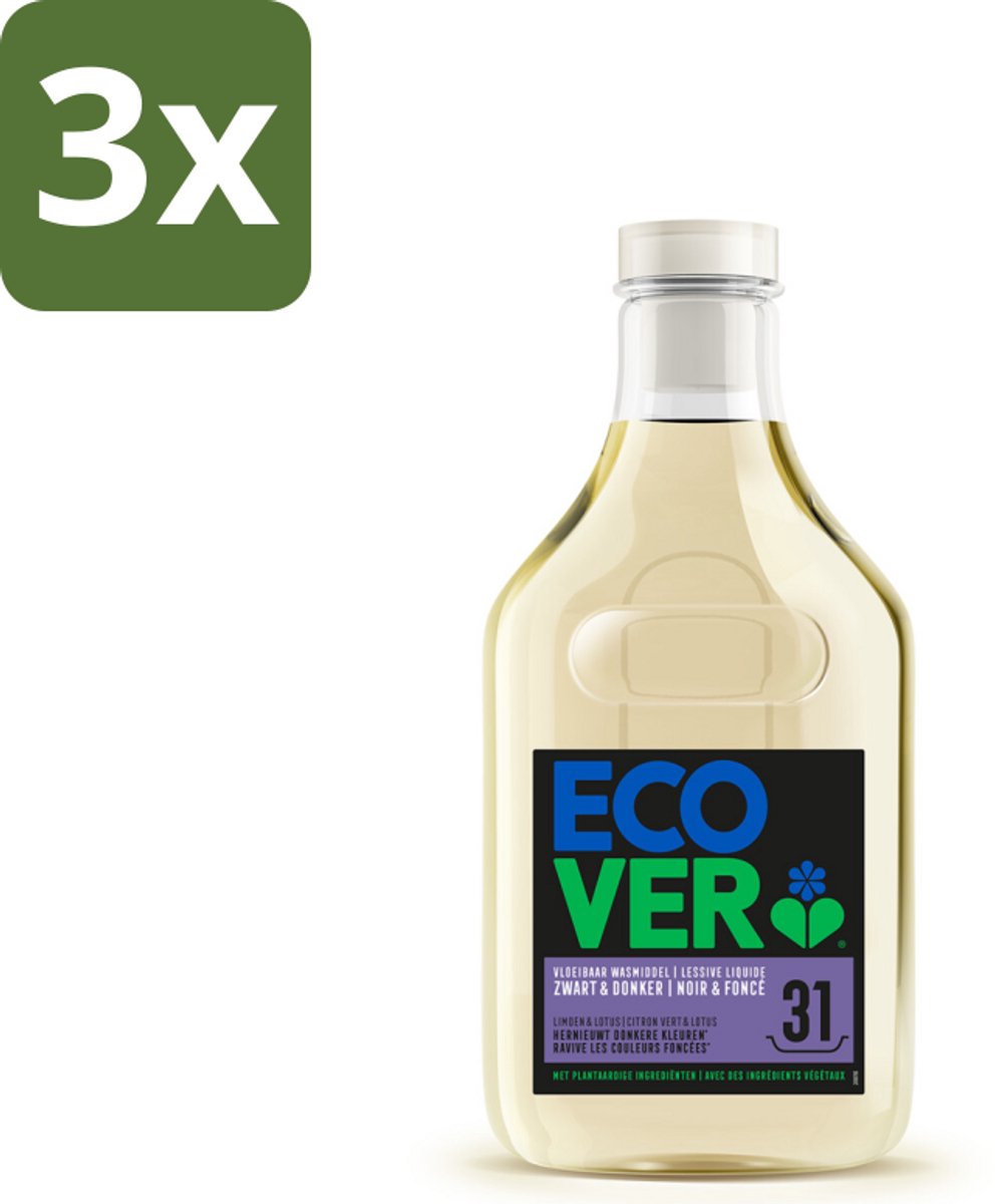 3 x Ecover Vloeibaar Wasmiddel Zwart & Donker - Limoen & Lotus 31 Wasbeurten 1,43 liter - Donkere Kleuren - Wasmiddel Zwart - Plantaardig Wasmiddel - Ecologisch Wasmiddel - Katoenpluisjes Verwijderen