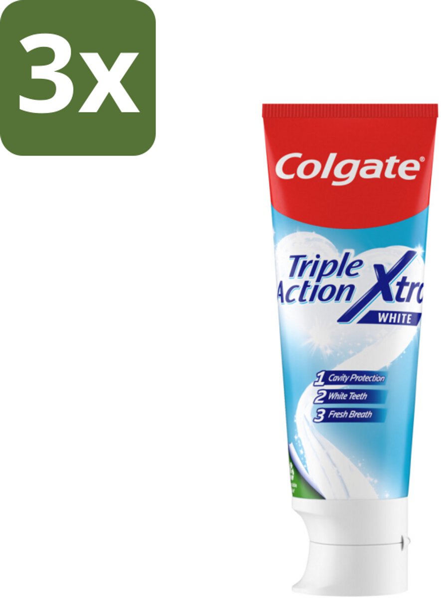 3 x Colgate Tandpasta Triple Action Xtra White 75 ml - Tandpasta - Gaatjes - Wittere Tanden - Frisse Adem - Mondverzorging