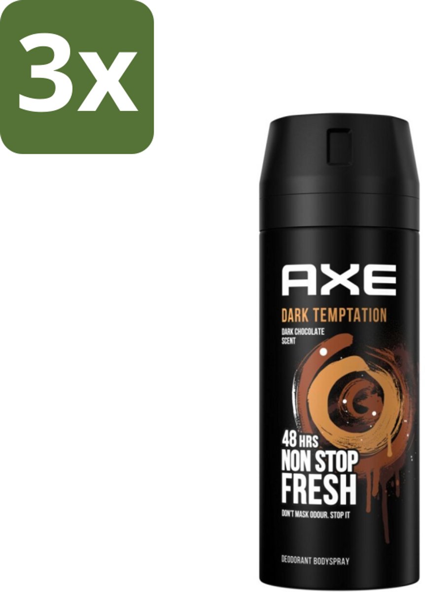 3 x Axe Deodorant Bodyspray Dark Temptation 150 ml - Axe Dark Temptation - Deodorant - Bodyspray - Chocolade Geur - Rode Peperkorrels