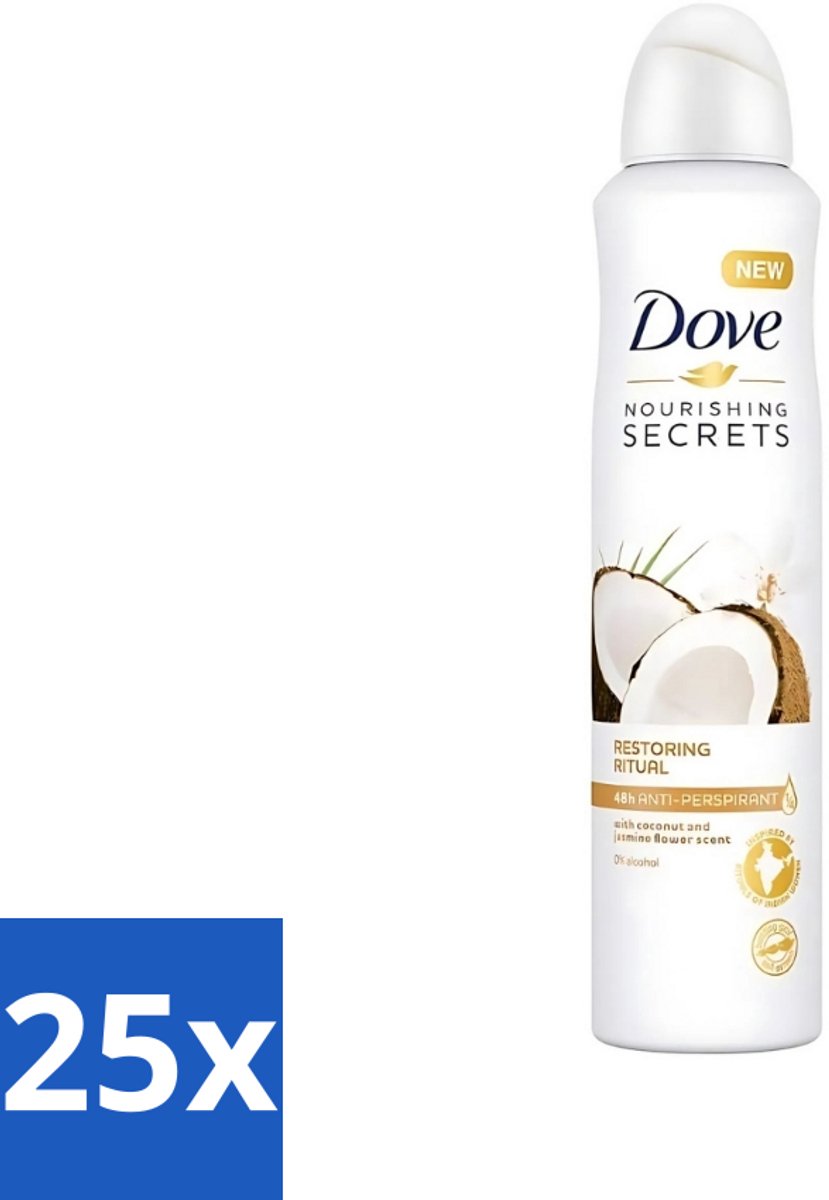 25 x Dove - Deodorant - Coconut & Jasmine Flower - Tropisch en verzorgend - 250 ml - Dove Deodorant - Kokos En Jasmijn - Anti-transpirant Spray - Verzorgende Deodorant - Geur Van Kokos En Jasmijn