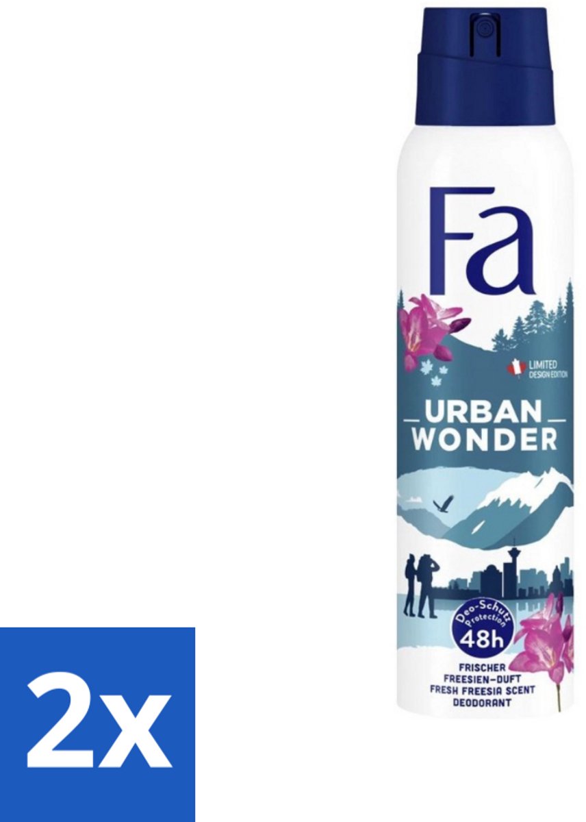 2 x Fa - Deodorant Spray - Urban Wonder - Aardbei - 48 uur Bescherming - 150 ml - Deodorant Spray - Aardbei - 48 Uur Bescherming - Geur Aardbei - Dermatologisch Getest