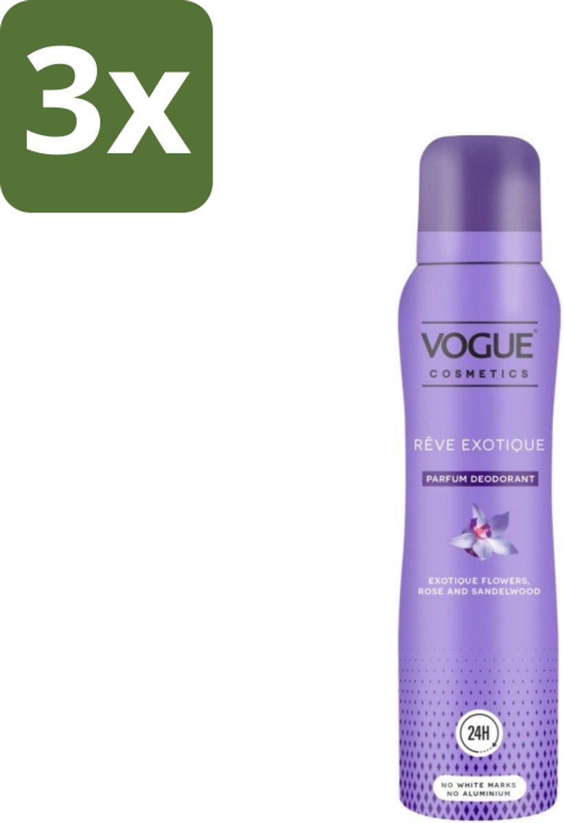 3 x Vogue Reve Exotique Parfum Deodorant 150 ml - Parfum Deodorant - Deodorant Met Geur - Geurige Deodorant - 24 Uur Bescherming - Jasmijn Geur