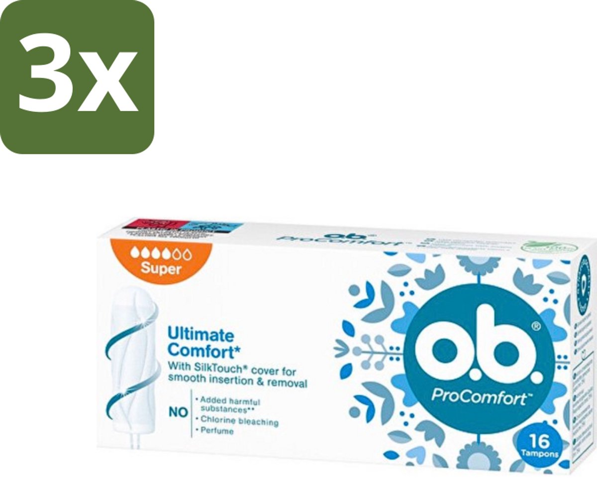 3 x o.b. Tampons - ProComfort Super - Voor Comfort en Zachte Bescherming - 16 Tampons - Tampons - Menstruatiebescherming - Comfort - Zachte Bescherming - 100% Plantaardige Kern