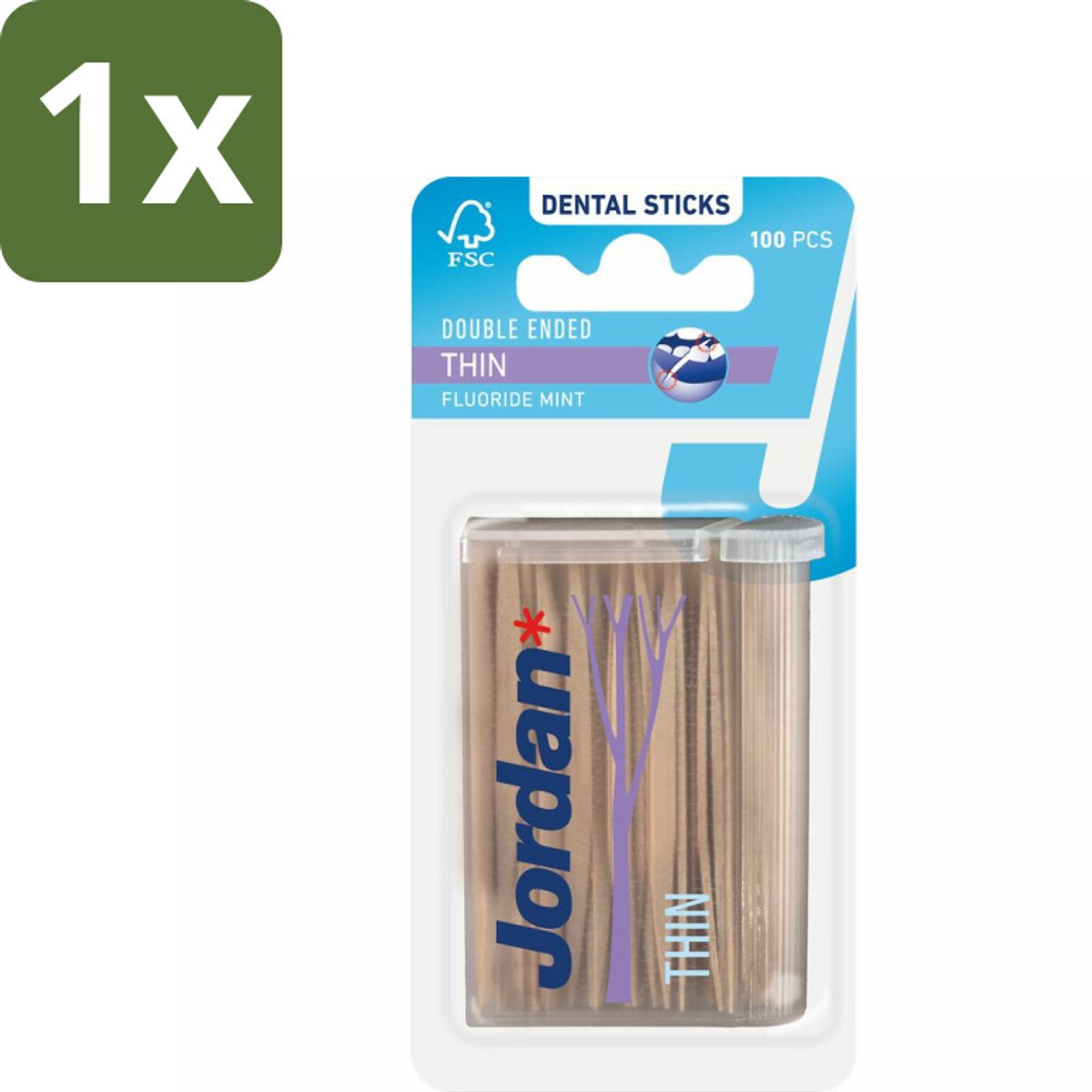 1 x Jordan Tandenstokers Double Ended Thin 100 stuks per verpakking - Tandenstokers - Interdentale Ruimte - Tanden Reinigen - Fluoride - Mintsmaak