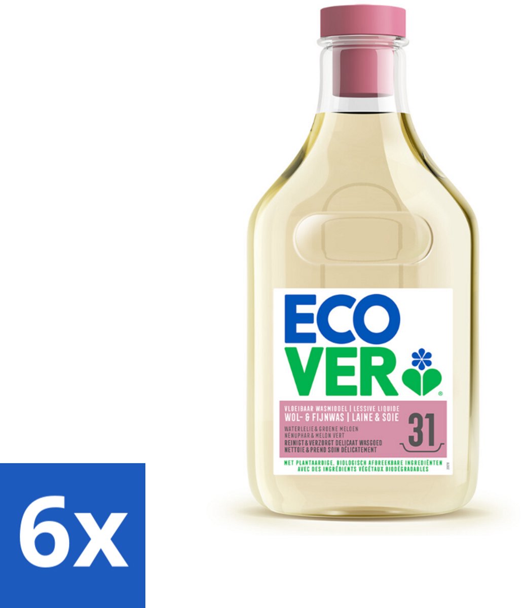 6 x Ecover Vloeibaar Wasmiddel Wol & Fijn Was - Waterlelie & Groene Meloen 31 Wasbeurten 1,43 liter - Wasmiddel Wol En Fijn - Fijne Stoffen Was - Delicate Stoffen Was - Plantbased Wasmiddel - Milieuvriendelijk Wasmiddel