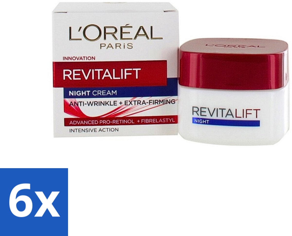6 x L'Oréal Revitalift - Nachtcrème - Anti-Rimpel - Hydraterend en Verstevigend - 50 ml - Anti-rimpel Crème - Anti-aging Crème - Nachtcrème - Huidversteviging - Hydraterende Crème