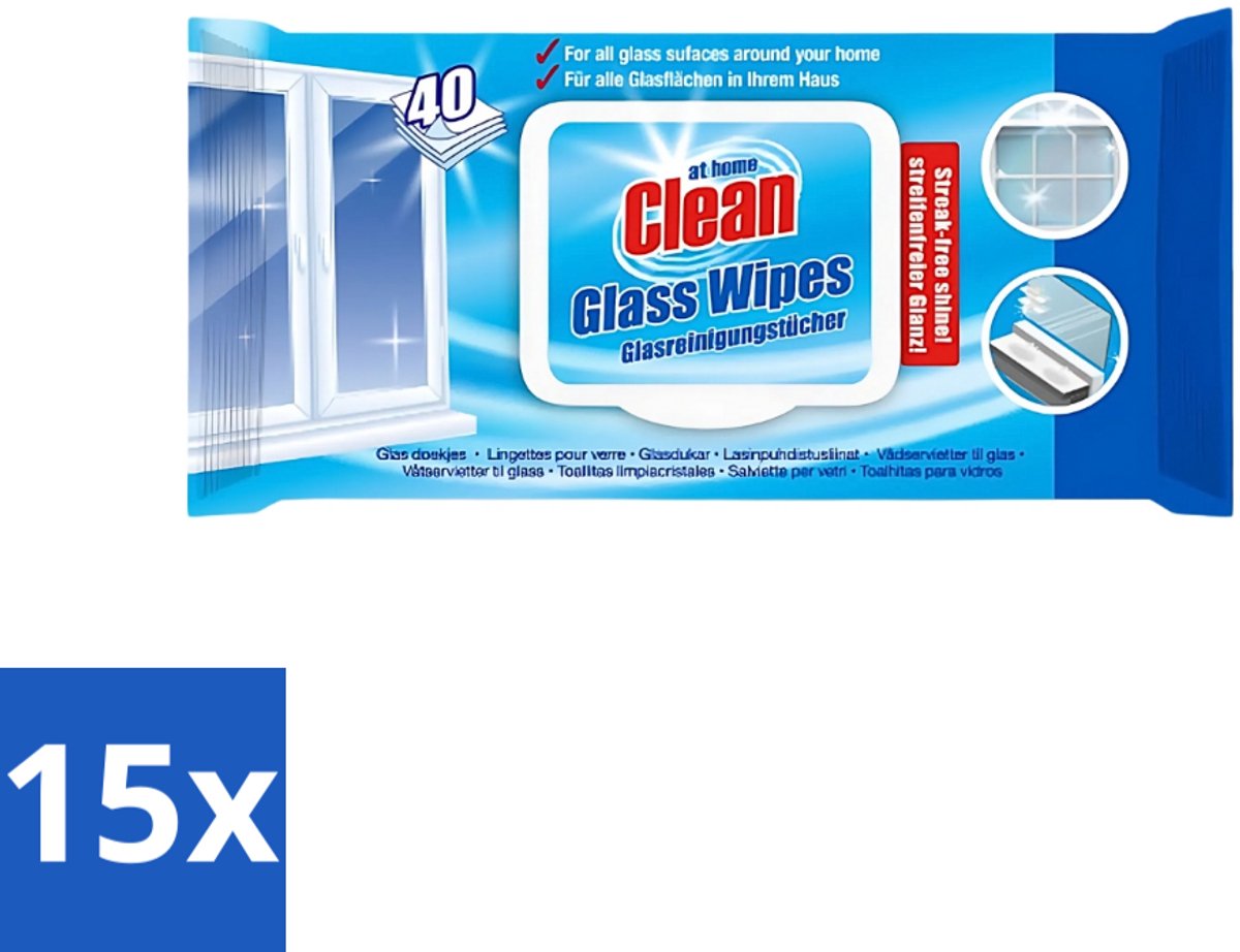 At Home - Clean - Glas Reinigingsdoekjes - Reinigt Streepvrij - 40 Doekjes - Bulkverpakking - 15 stuks