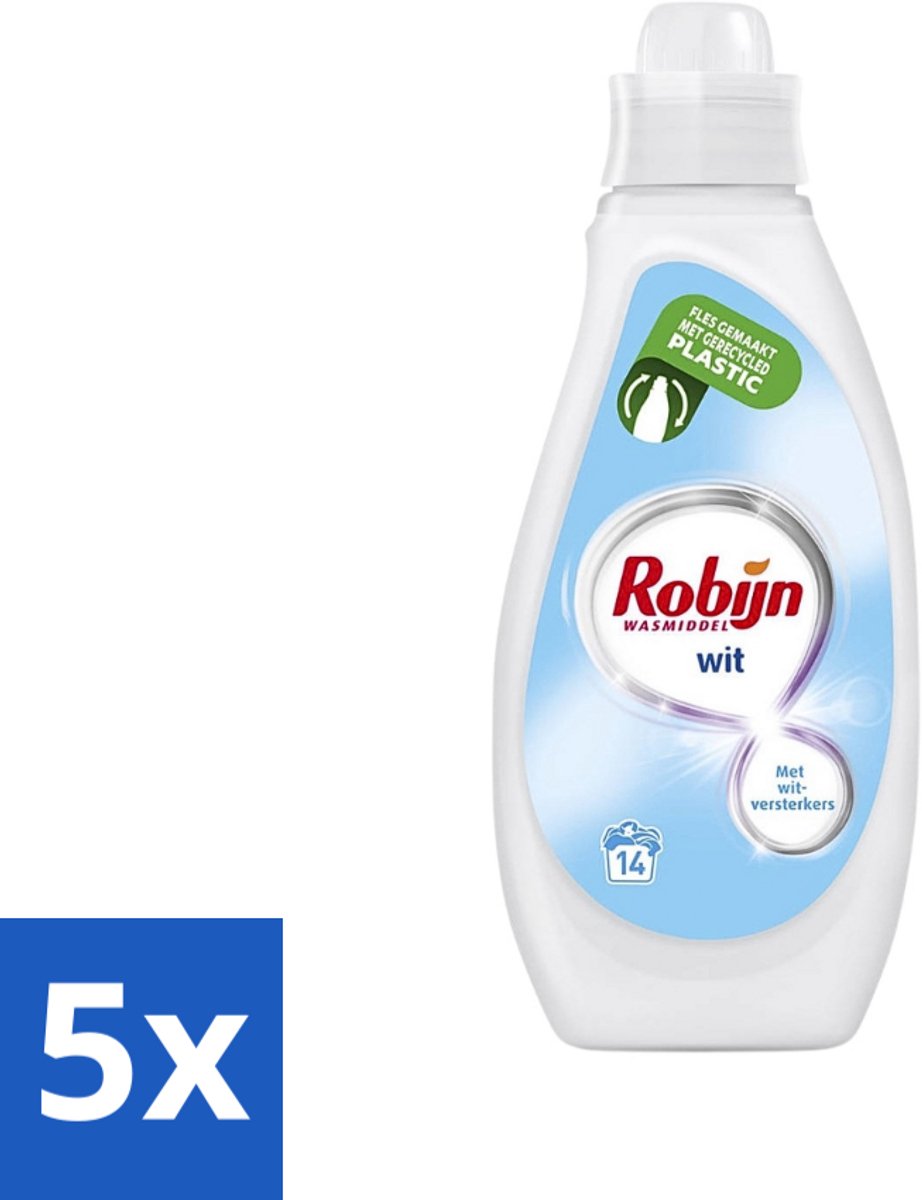 5 x Robijn - Wit - Vloeibaar Wasmiddel - Met Witversterkers - 14 Wasbeurten - 700 ml - Wit Wasmiddel - Witversterker - Stralend Wit - Vloeibaar Wasmiddel - Wasbeurt