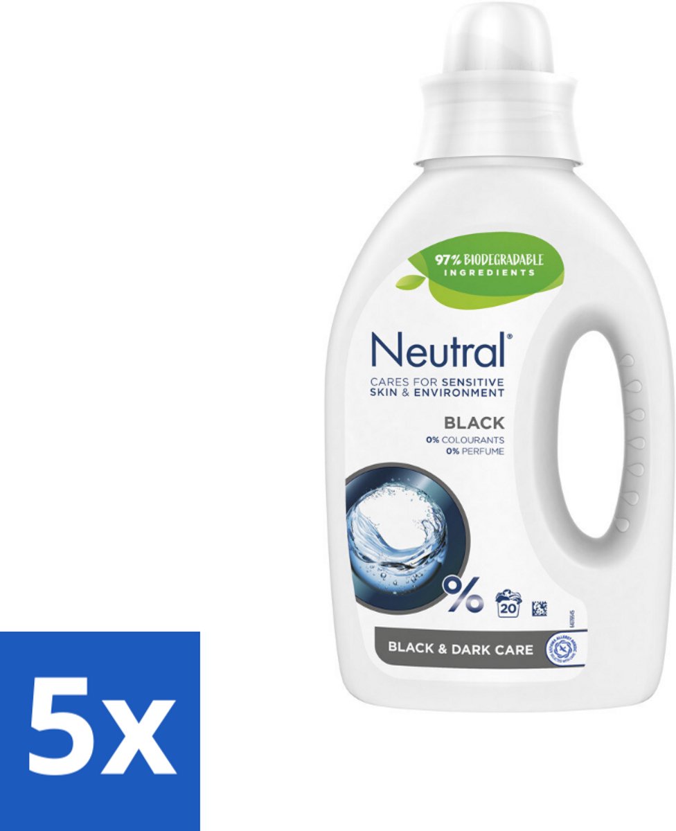 5 x Neutral Vloeibaar Wasmiddel Zwart 20 Wasbeurten 1 liter - Donker Was - Zwart Was - Parfumvrij Wasmiddel - Gevoelige Huid - Hypoallergeen Wasmiddel