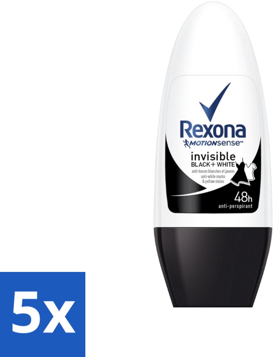 5 x Rexona - Invisible Black & White - Deo Roller - Anti-transpirant - 50 ml - Deodorant - Anti-transpirant - Vlekkenvoorkomend - 48 Uur Bescherming - Roll-on Deodorant