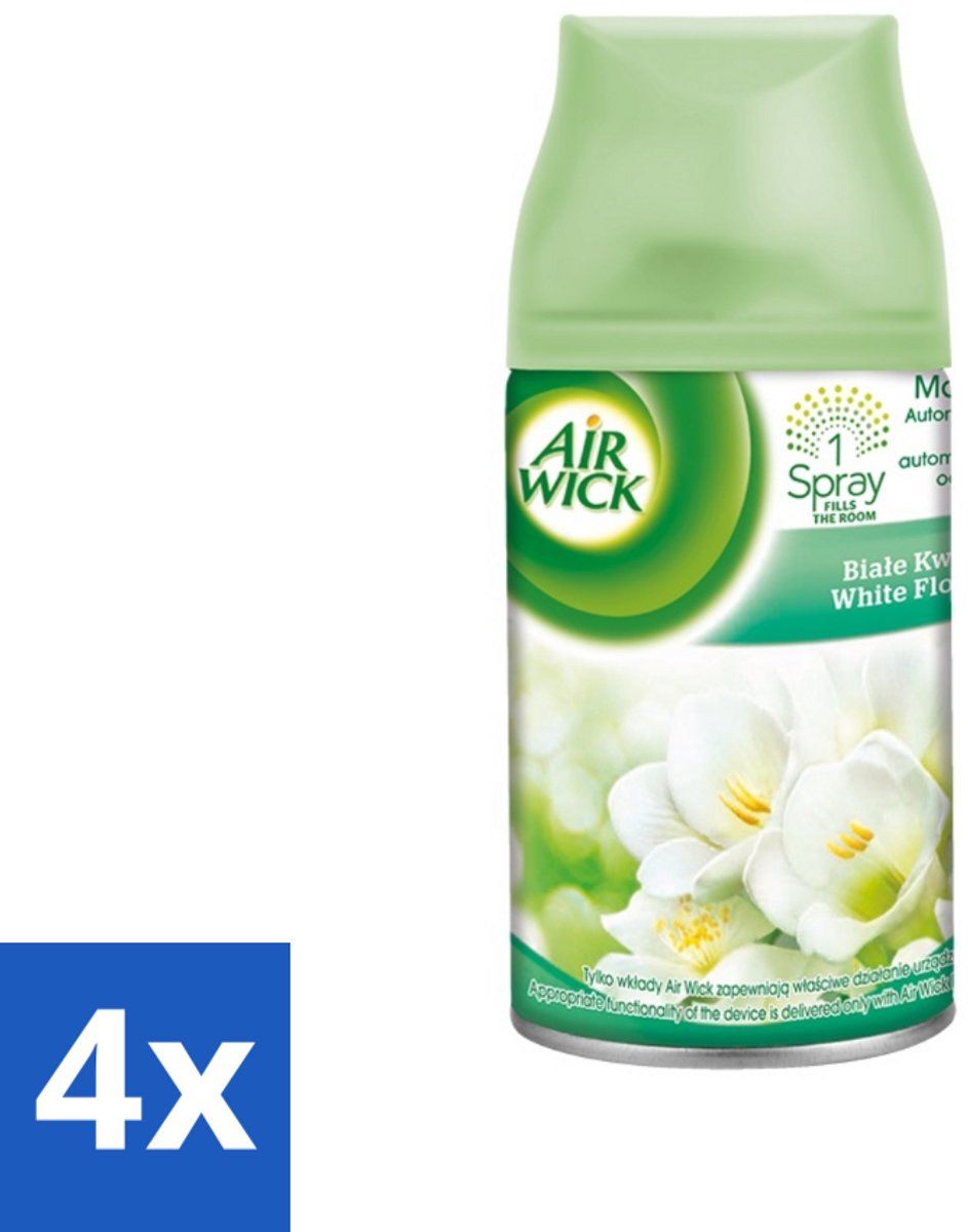4 x Air Wick - Luchtverfrisser Navulling - Jasmijn & Witte Bloemen - Automatische Spray - 250 ml - Jasmijn En Witte Bloemen - Luchtverfrisser - Geurverspreiding - Automatische Spray - 24/7 Odour Stop Technology