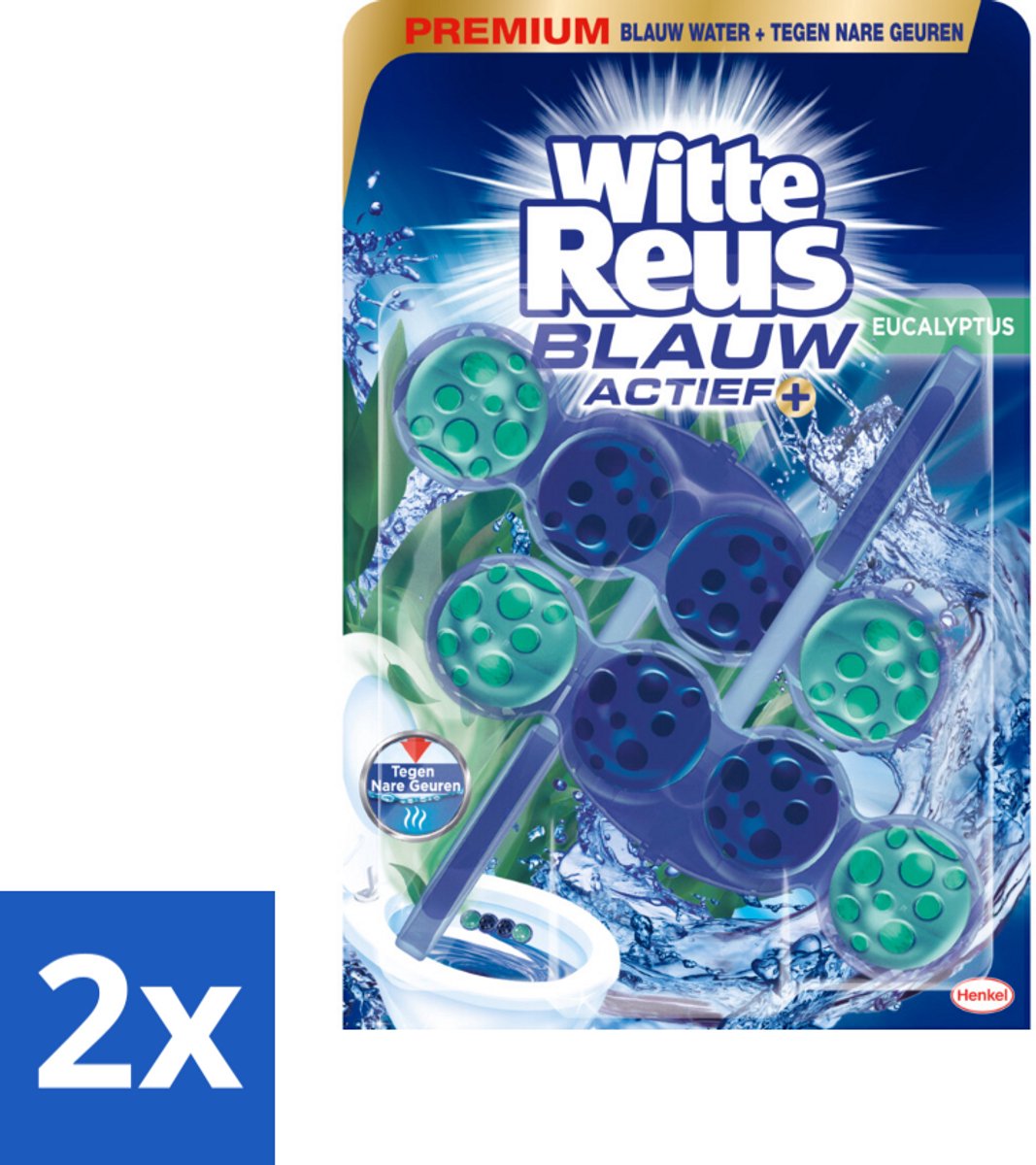 2 x Witte Reus Toiletblok Blauw Actief Eucalyptus 2 stuks per verpakking - Toiletblok - Reinigend Schuim - Blauw Water - Kalkaanslag - Vuil