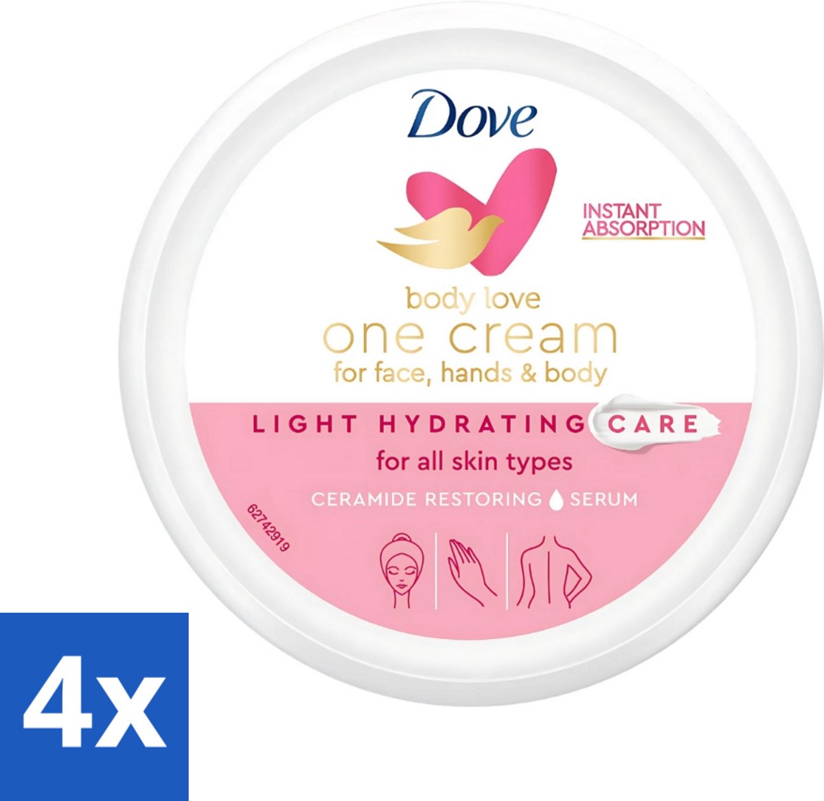 4 x Dove - Body Love - One Cream - Hydraterend en voedend - 250 ml - Hydraterende Bodycrème - Voedende Bodycrème - Ceramide Crème - Huidverzorging - Droge Huid
