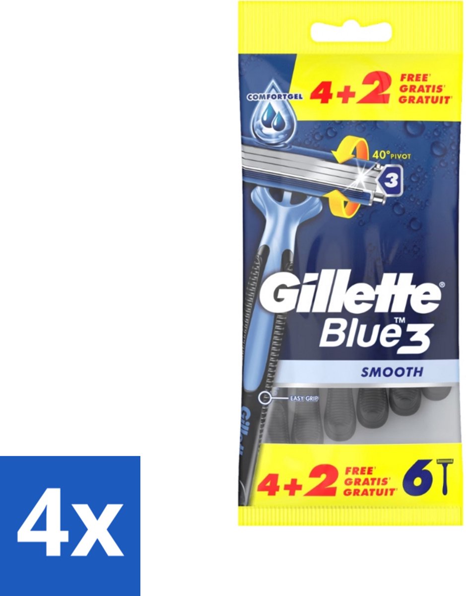 4 x Gillette - Blue 3 Smooth - Wegwerpscheermesjes - Comfortabele scheerbeurt - 6 Scheermesjes - Scheermesje - Wegwerpscheermesje - Scheren - Scheren Voor Mannen - Comfortabele Scheerbeurt