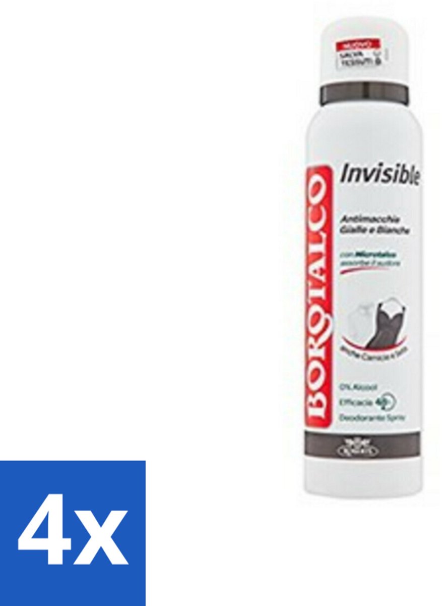 4 x Borotalco - Deodorant Spray - Invisible - Barrier Effect Talc - 0% Alcohol - 150 ml - Borotalco Deodorant - Deodorant Spray - Antitranspirant - Vlekkenvrije Deodorant - Deodorant Voor Gevoelige Huid