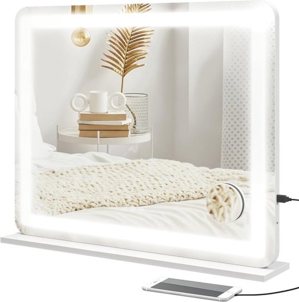 LED Make-up Spiegel met 3 Verlichtingsmodi en 10x Vergroting – USB Oplaadpoort – 80 x 62 cm