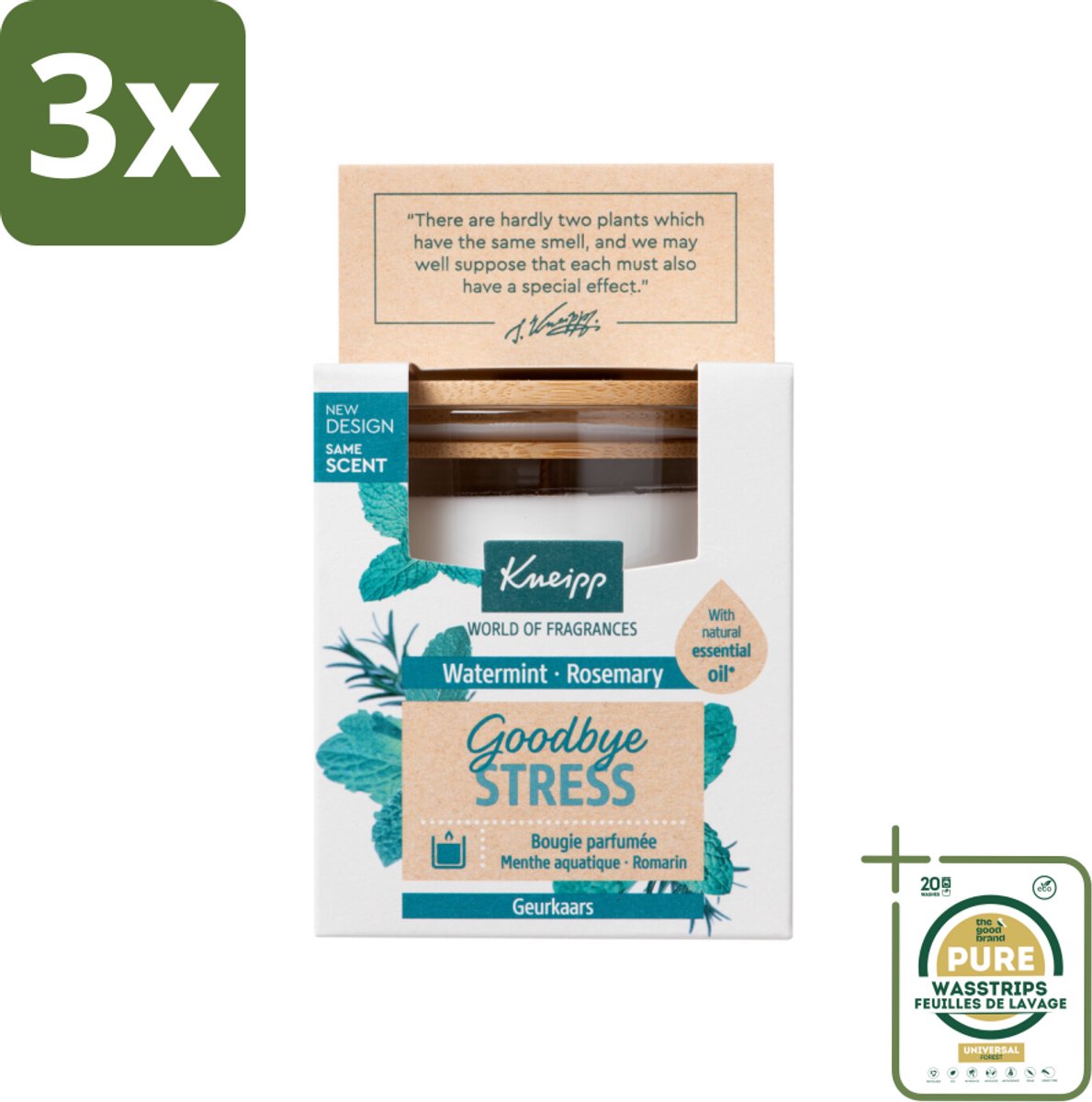 3 x Kneipp - Geurkaars - Goodbye Stress - Watermunt & Rozemarijn - 20 branduren - Grootverpakking - Geurkaars - Stressvermindering - Aromatherapie - Watermunt - Rozemarijn