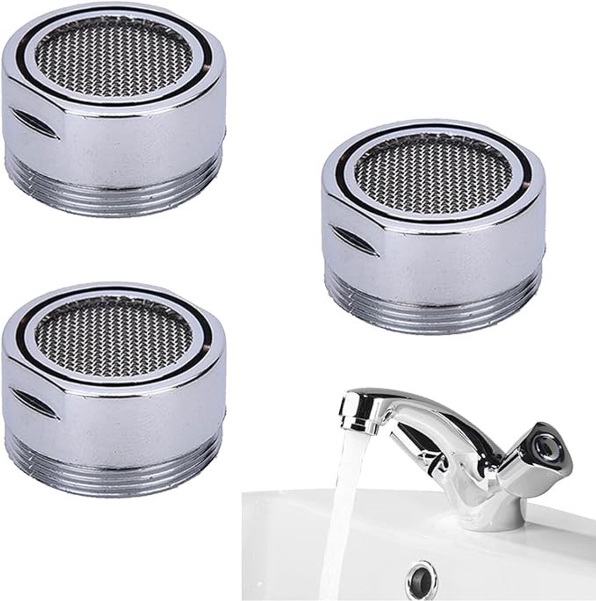 Set van 3 verchroomde kraanbeluchters M28 met waterbesparend filter