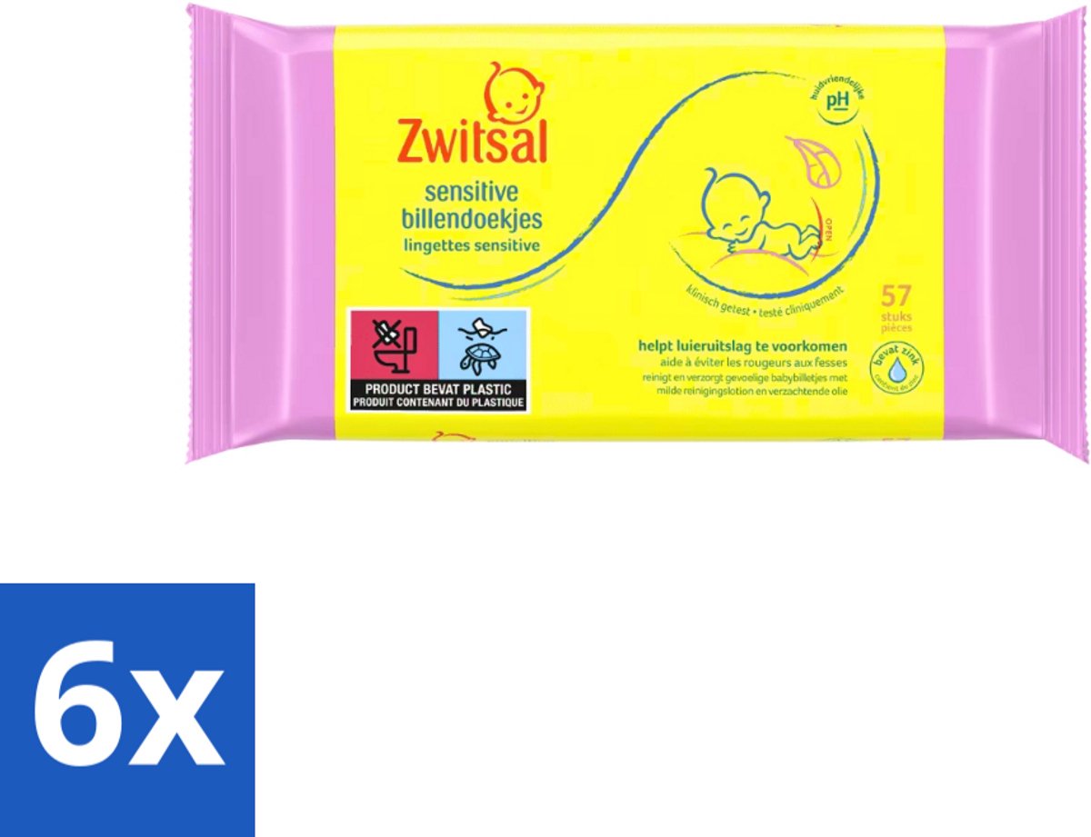 6 x Zwitsal - Babyverzorging - Billendoekjes Sensitive - Voor de Gevoelige Babyhuid - 57 Doekjes - Babybillendoekjes - Billendoekjes Gevoelige Huid - Zwitsal - Babyhuid - Luieruitslag