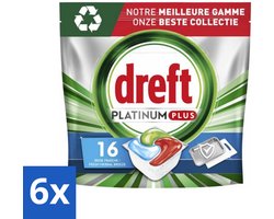 6 x Dreft Platinum Plus - All In One - Vaatwascapsules - Fresh Herbal Breeze - 16 Afwasbeurten - Vaatwascapsules - Vaatwasser - Schone Vaat - Frisse Geur - Vaatwasser Capsules
