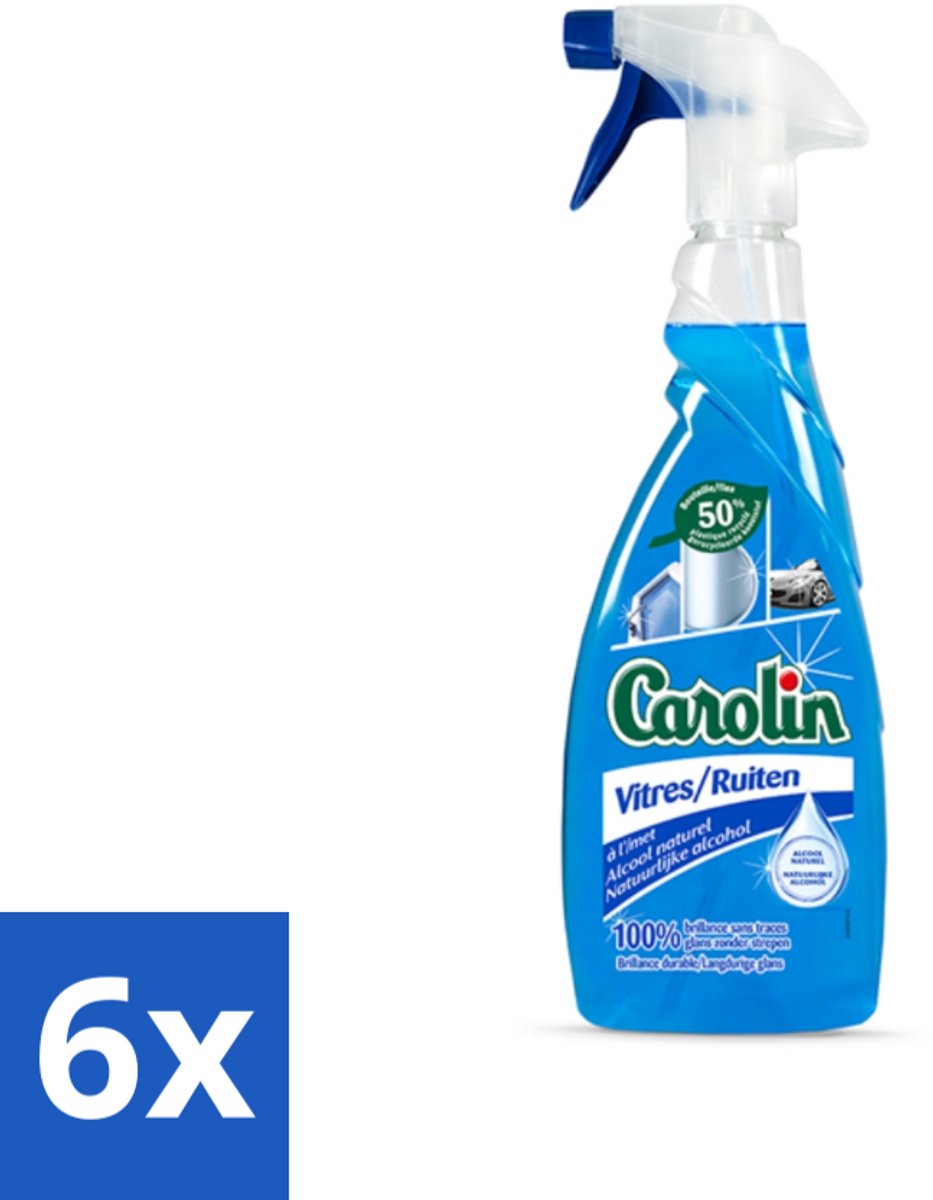 6 x Carolin - Glas- en Ruitenreiniger - Met Natuurlijke Alcohol - 650 ml - Glasreiniger - Ramen Schoonmaken - Streeploos - Natuurlijke Reiniger - Alcohol Reiniger