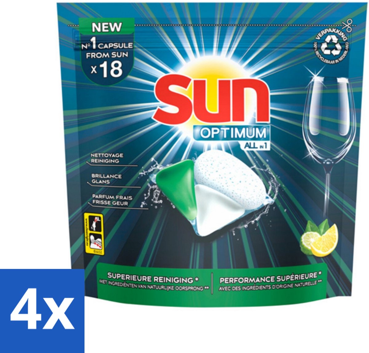 4 x Sun Optimum - All-in-1 - Vaatwasmiddel - Capsules - Citroen - 18 Capsules - Vaatwascapsules - Vaatwasmiddel - Citroen - All-in-1 - Vaatwasser