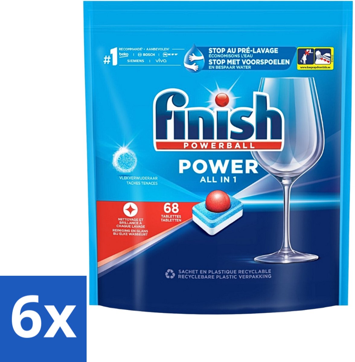 6 x Finish Powerball - Power All in 1 - Vaatwastabletten - Reiniging & Glans - 68 Tabletten - Vaatwastabletten - Vaatwassertabletten - Diepe Reiniging - Vlekken Verwijderen - Glanzend Resultaat