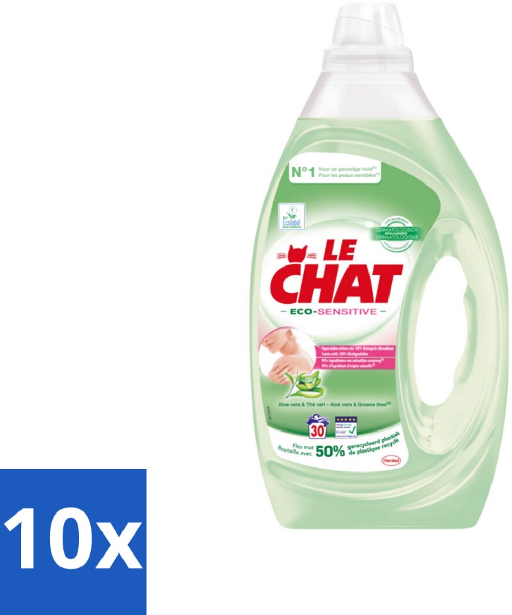 Le Chat Eco-Sensitive - Vloeibaar Wasmiddel - Witte en Gekleurde Was - Aloë Vera & Groene Thee - 30 Wasbeurten - Bulkverpakking - 10 stuks