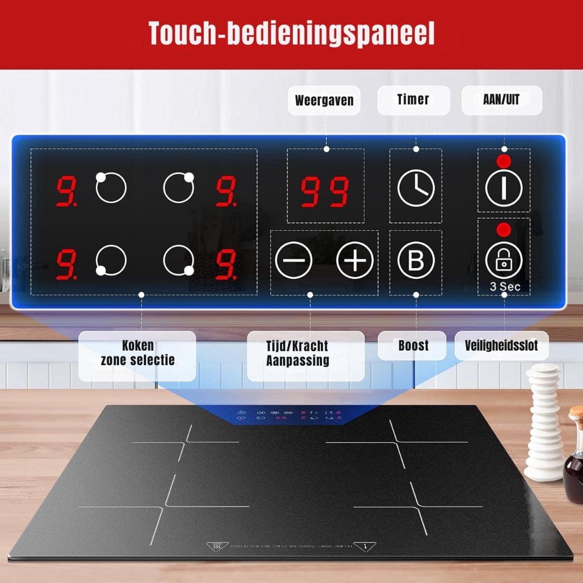Klarven® Inductiekookplaat Zwart - 4 Kookzones, Kinderslot - Touch Control met 9 Standen, Snel Verwarmen - Inbouw Nis B 59 x D 52 x H 6 cm