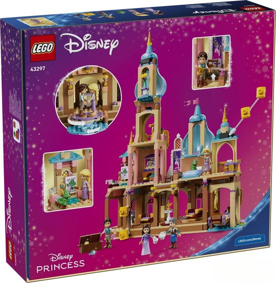 Achterkant van Lego Disney Princess Rapunzels Kasteel box met details van het speelgoed. Pastelkleurig kasteel en figuren.