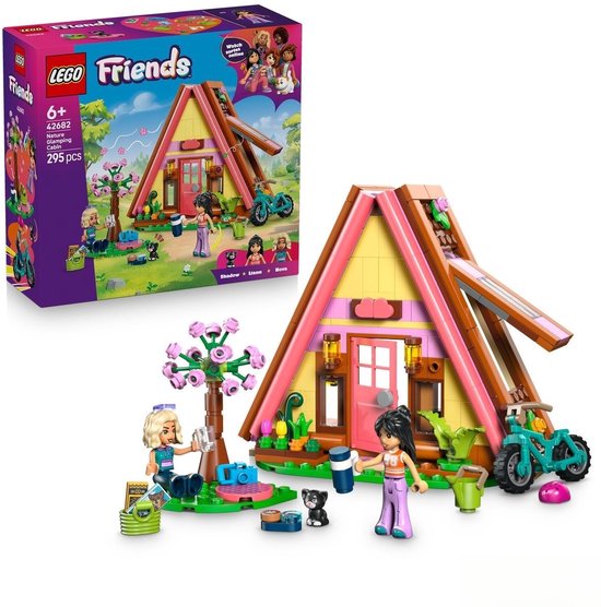 LEGO Friends 42682: Natuur Glamping Cabin met speelgoed huisje, fiets, poppetjes en accessoires.