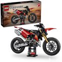 Lego Technic Ducati motorfiets op stand, naast de verpakking. Rood met zwart en goud, nummer 222.
