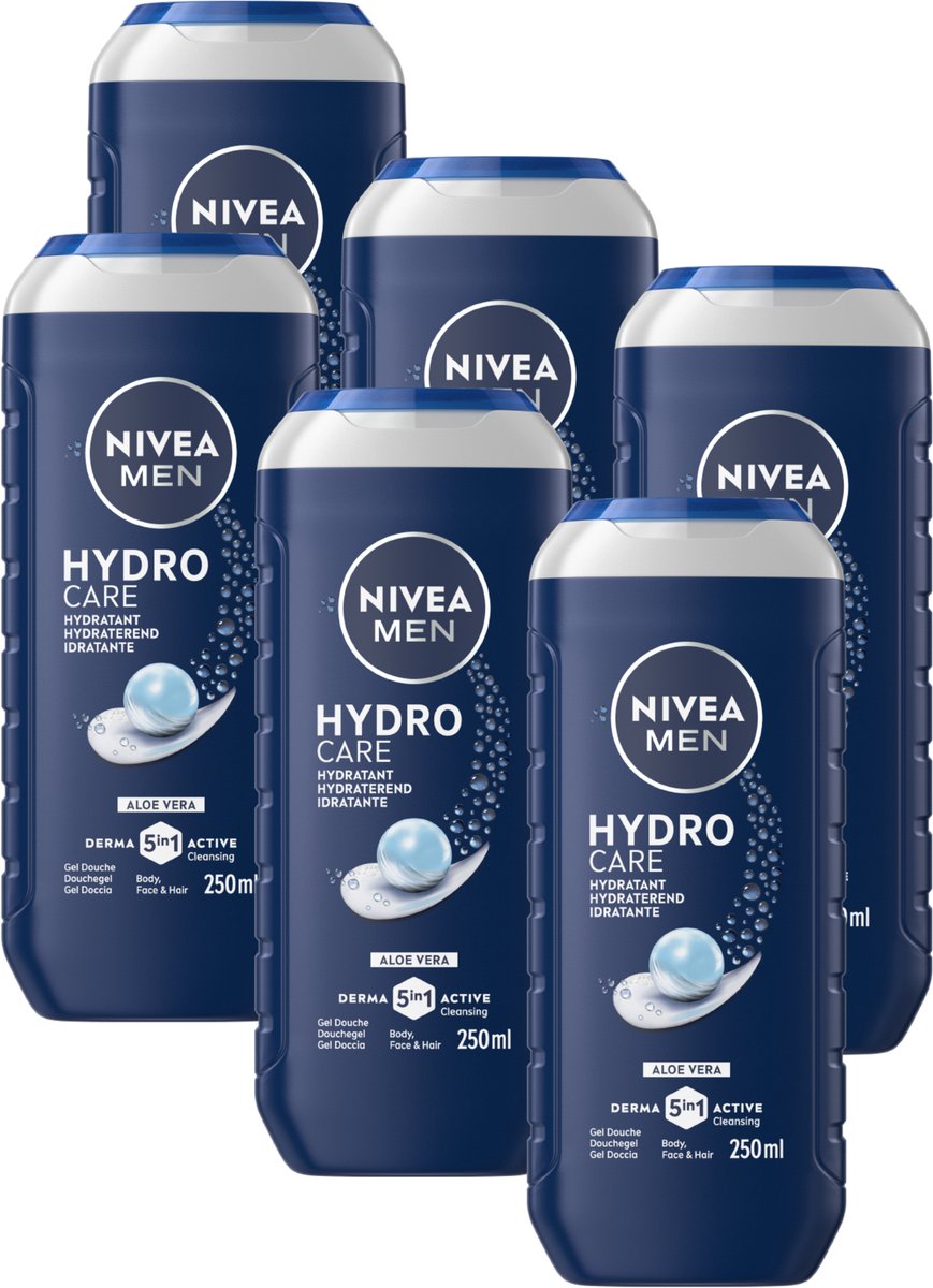 Bol.com NIVEA MEN Hydro Care Douchegel Mannen - 3-in-1 Shower Gel Met aloë vera - Shampoo - Voordeelverpakking - 6 x 250 ml aanbieding