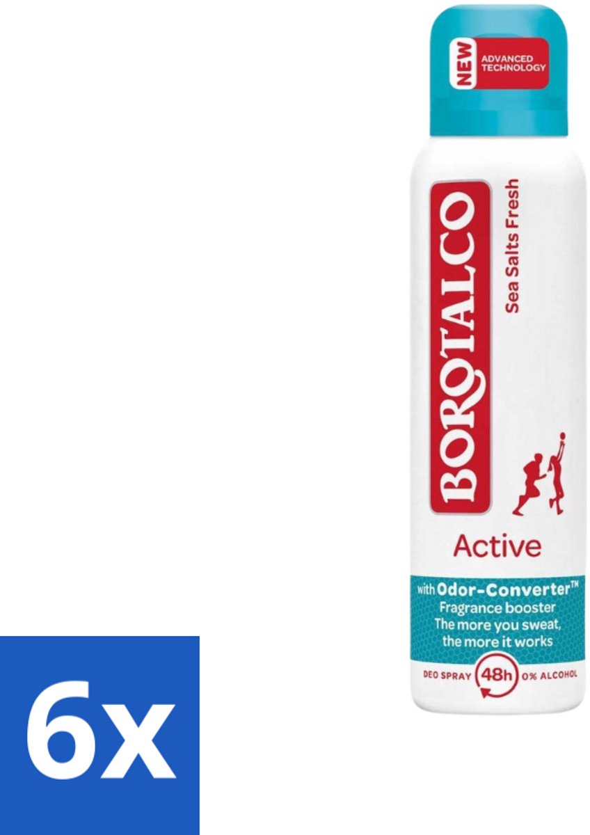 Borotalco - Deodorant Spray - Active - Sea Salts Fresh - 0% Alcohol - 150 ml - Voordeelverpakking - 6 stuks