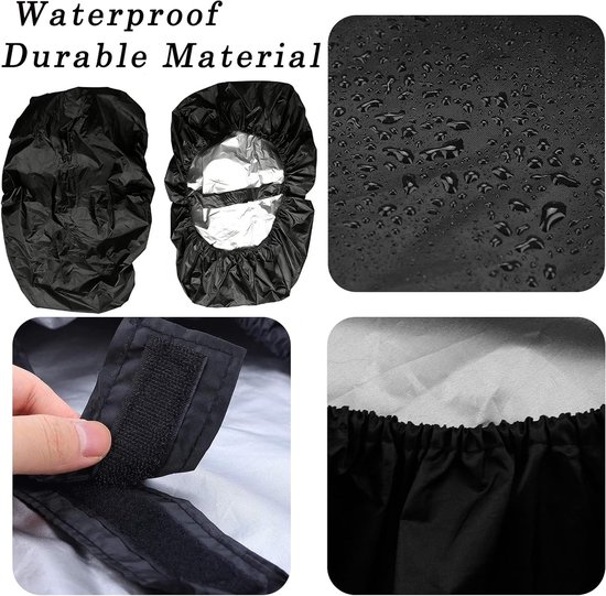 Zwarte, waterdichte hoes voor scootmobiel met close-ups van het materiaal, klittenbandsluiting en elastische zoom.