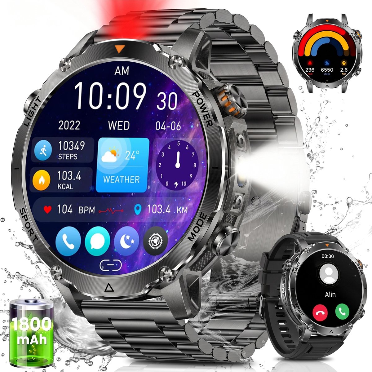 FOSMET GPS Smartwatch Heren 2026 - 47mm AMOLED - 1800mAh Batterij - Belfunctie - Hartslagmeter, SpO2 & Slaapmonitor - IP68 & 5ATM Waterdicht - Militair Design - RVS & Siliconen Bandje – Geschikt voor Android en iOS - Zwart