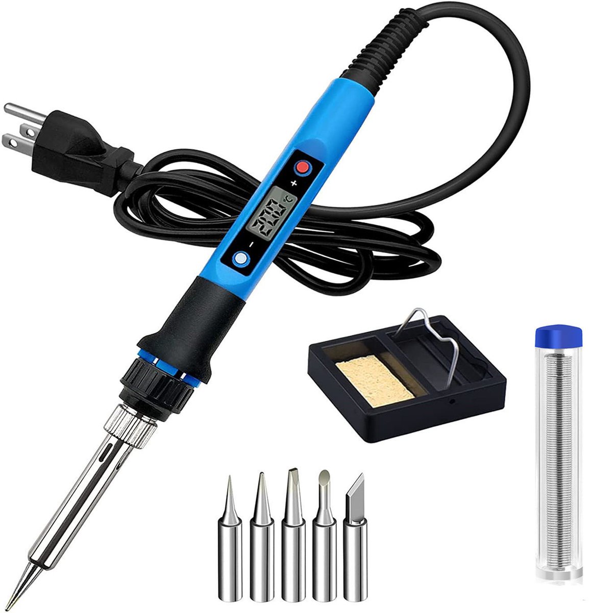 Soldeerboutset - 80W 220V LCD Digitale Soldeerbout - Draagbaar Lasgereedschap - Met 5 Soldeerpunten, Soldeerdraad, Spons, Voor Metaalbewerking, Elektrische Reparaties, DIY - Blauw Zwart