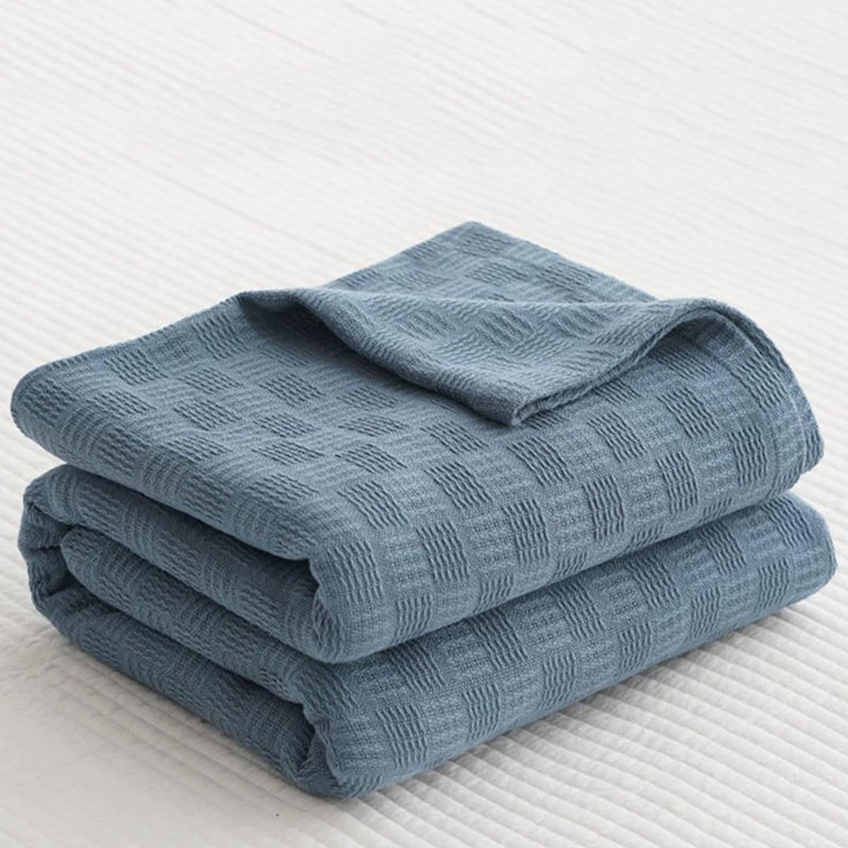 KZQ Katoenen wafelplaid, zacht, lichtgewicht en ademend, comfortabel zomerdeken voor bed en bank, donkerblauw, 180x200 cm