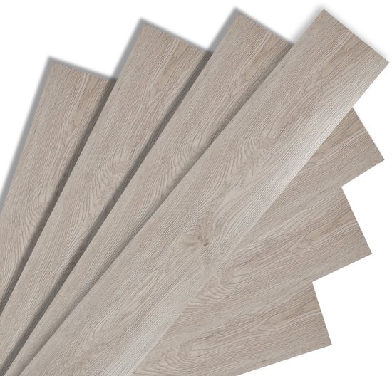Waaier van 6 lichtbruine houtlook PVC-vloerplanken met een natuurlijke houtnerf textuur.