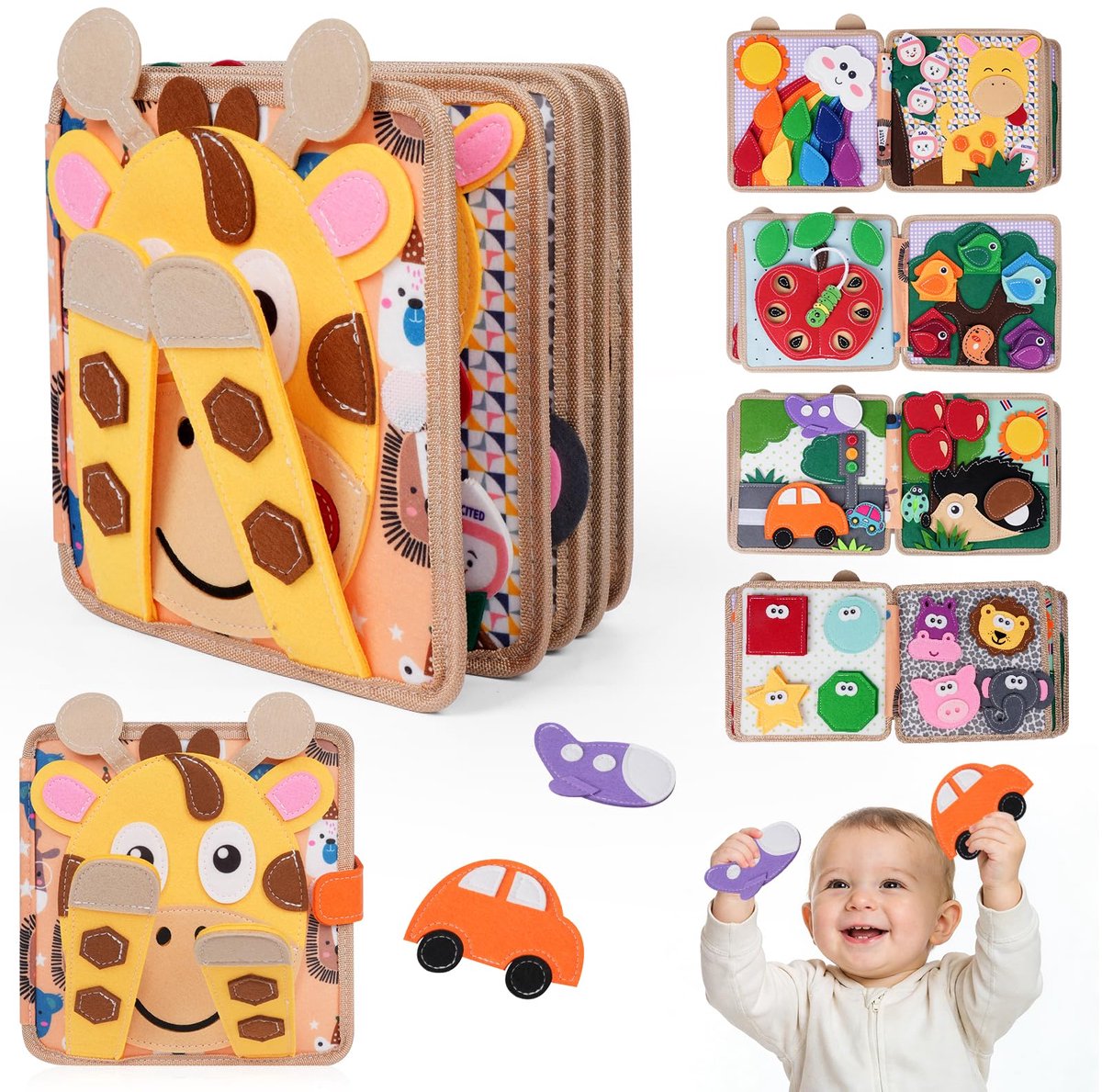 Viltspeelboek - Geschikt voor kinderen van 1-3 jaar, Montessori-stripboek van vilt - Geborduurd speelgoed met klittenbandsluiting - Cadeau voor jongens en meisjes (hertontwerp)