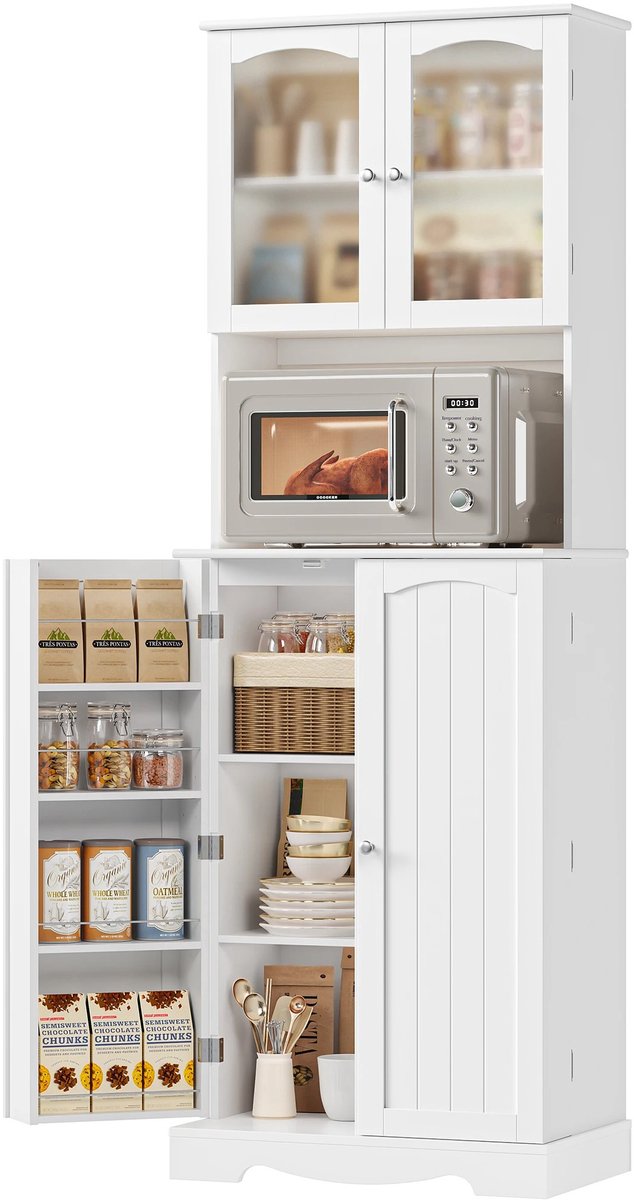 ITRONIQ Keukenkast 181 x 60 x 40 cm - Hoge Buffetkast Met Magnetronvak - Verstelbare Deurplanken - Opbergkast Keuken - Wit