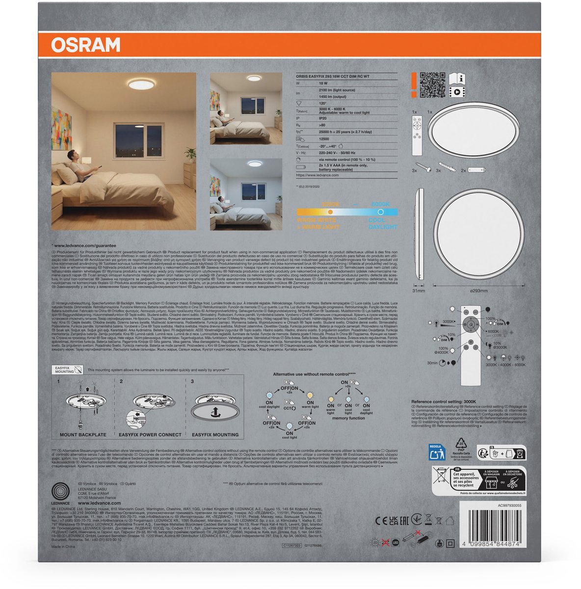OSRAM plafondlamp wit, 3000 K / 4000 K / 6000 K, warm wit, 1450 lm, 18 W, 29,3 cm Ø, polypropyleen (PP), 120° stralingshoek