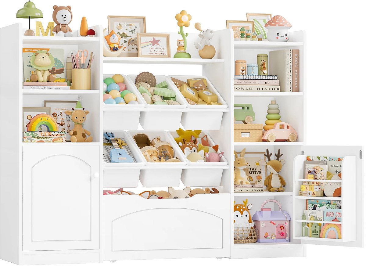 ITRONIQ Kinderkast Met Speelgoedopslag - Boekenkast Met 6 Opbergbakken en Lade - Speelgoedkast - 140,5 x 33 x 108 cm - Wit