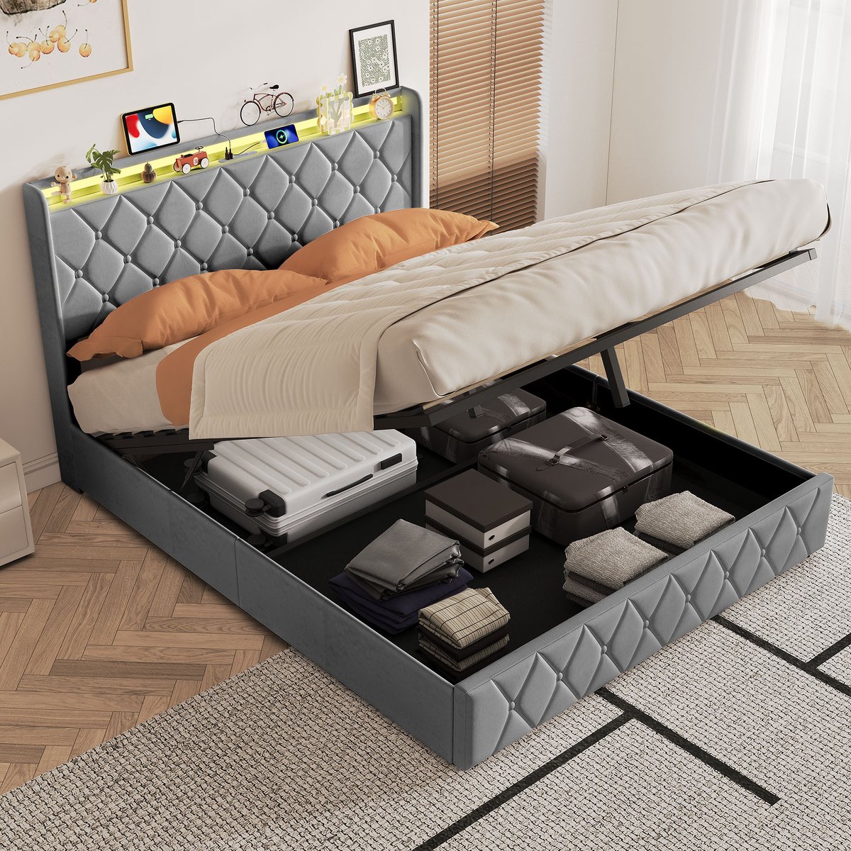 Tweepersoonsbed 140 x 200 cm met opbergruimte, gestoffeerd bed met LED-verlichting, USB-oplaadfunctie en opbergbedframe Fluweel, zonder matras, Grijs