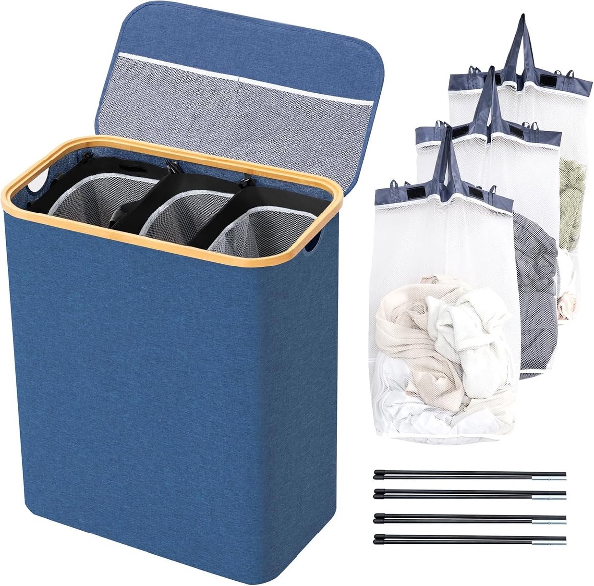 Wasmand met 3 Compartimenten en Deksel - Waterafstotende, Vouwbare Sorteringsbox voor XXL Familie - 145 Liter in Blauw