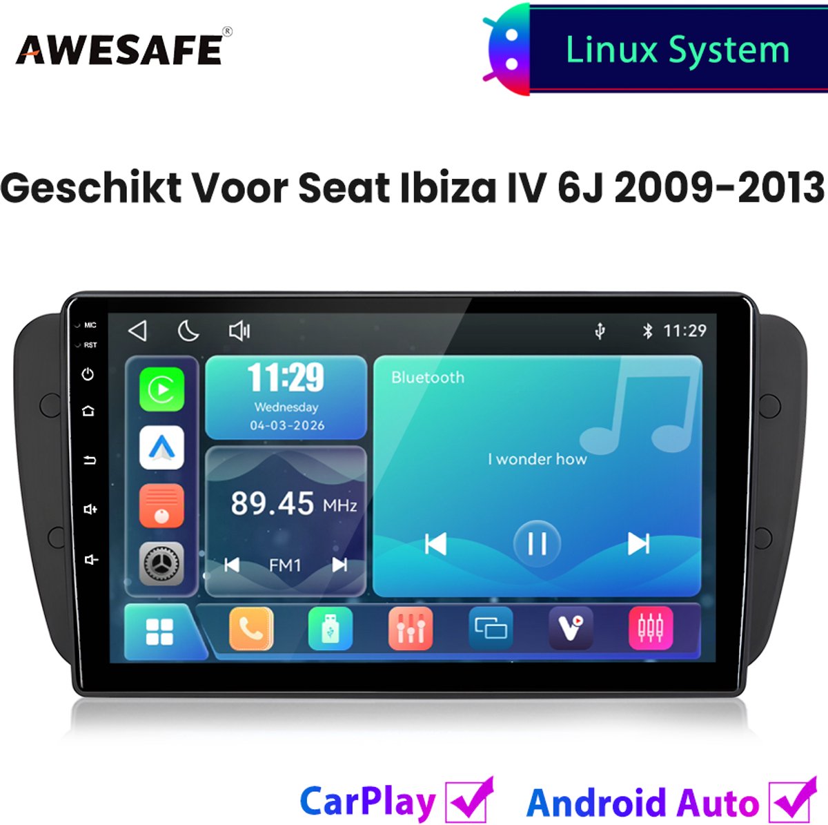 Awesafe Autoradio - Geschikt Voor Seat Ibiza IV 6J 2009 t/m 2013 - Draadloos Carplay Android Auto - Linux systeem - Touchscreen - Bluetooth Wifi - 2009 2010 2011 2012 2013