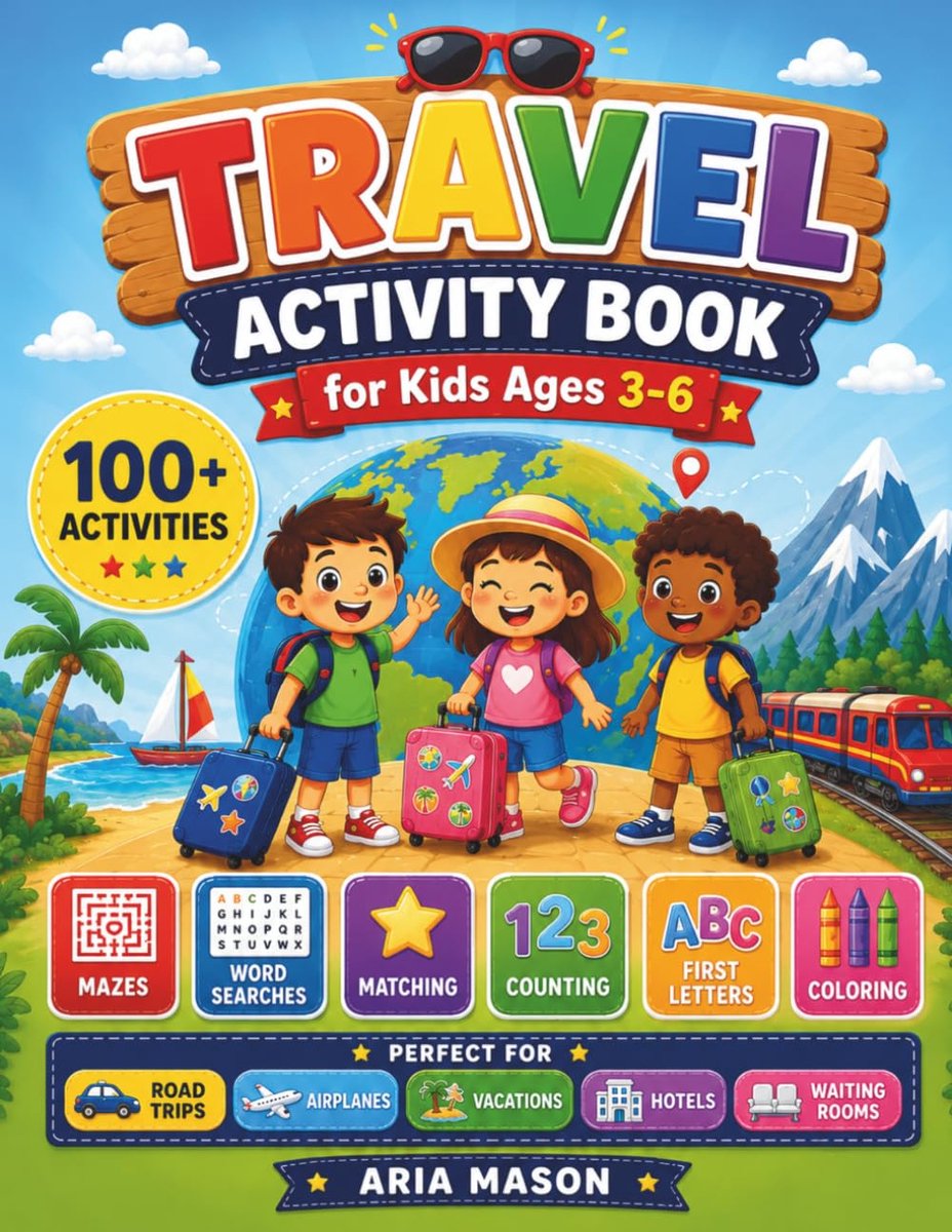 Travel Activity Book for Kids Ages 3-6: 100+ Puzzles, Mazes, Word Searches, Counting, Coloring and more for Road - ShopVlot
