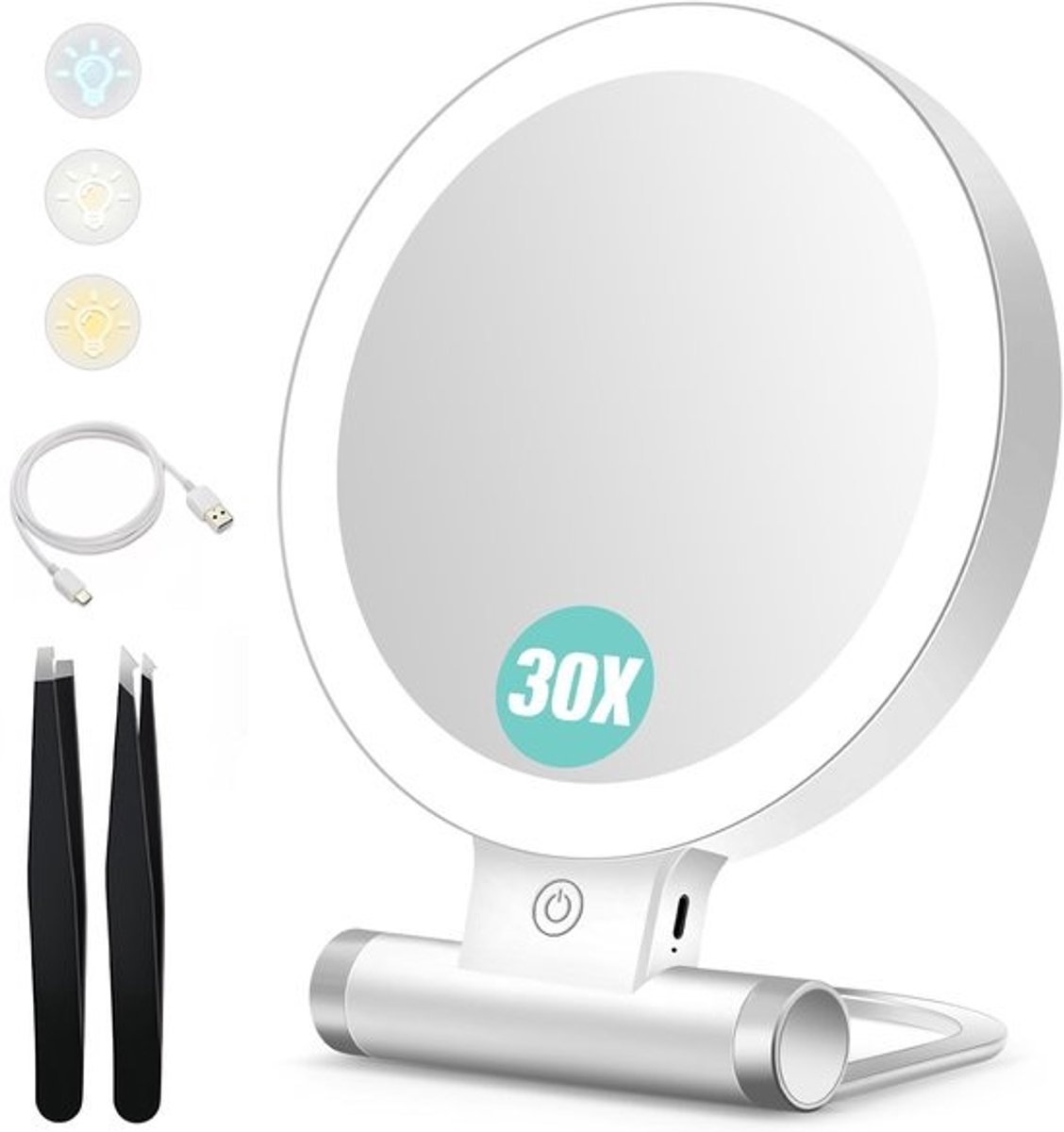 Cosensi - Make-up Spiegel - Vergroting - Dubbelzijdig - Wit - Compact - Ideaal voor make-up en verzorging - 30x vergroting
